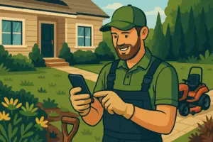 Illustration of a smiling male landscaper in green overalls and a cap, standing on a well-maintained lawn while using a smartphone, with a red riding lawn mower and suburban house in the background - symbolizing modern landscaping businesses embracing mobile-friendly websites.