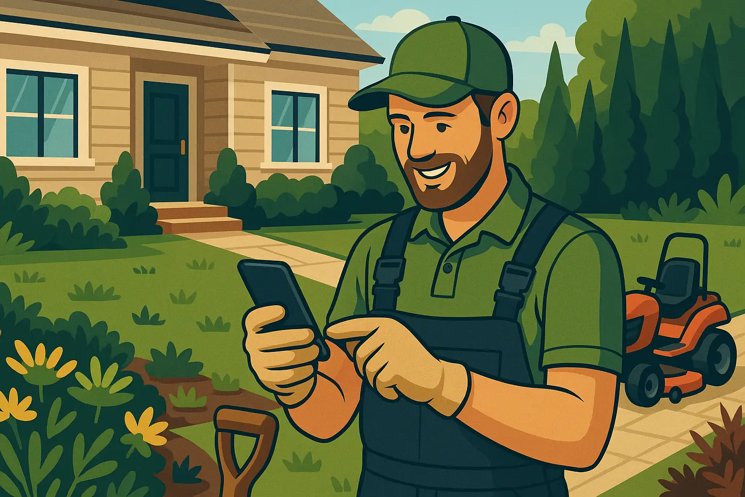 Illustration of a smiling male landscaper in green overalls and a cap, standing on a well-maintained lawn while using a smartphone, with a red riding lawn mower and suburban house in the background - symbolizing modern landscaping businesses embracing mobile-friendly websites.